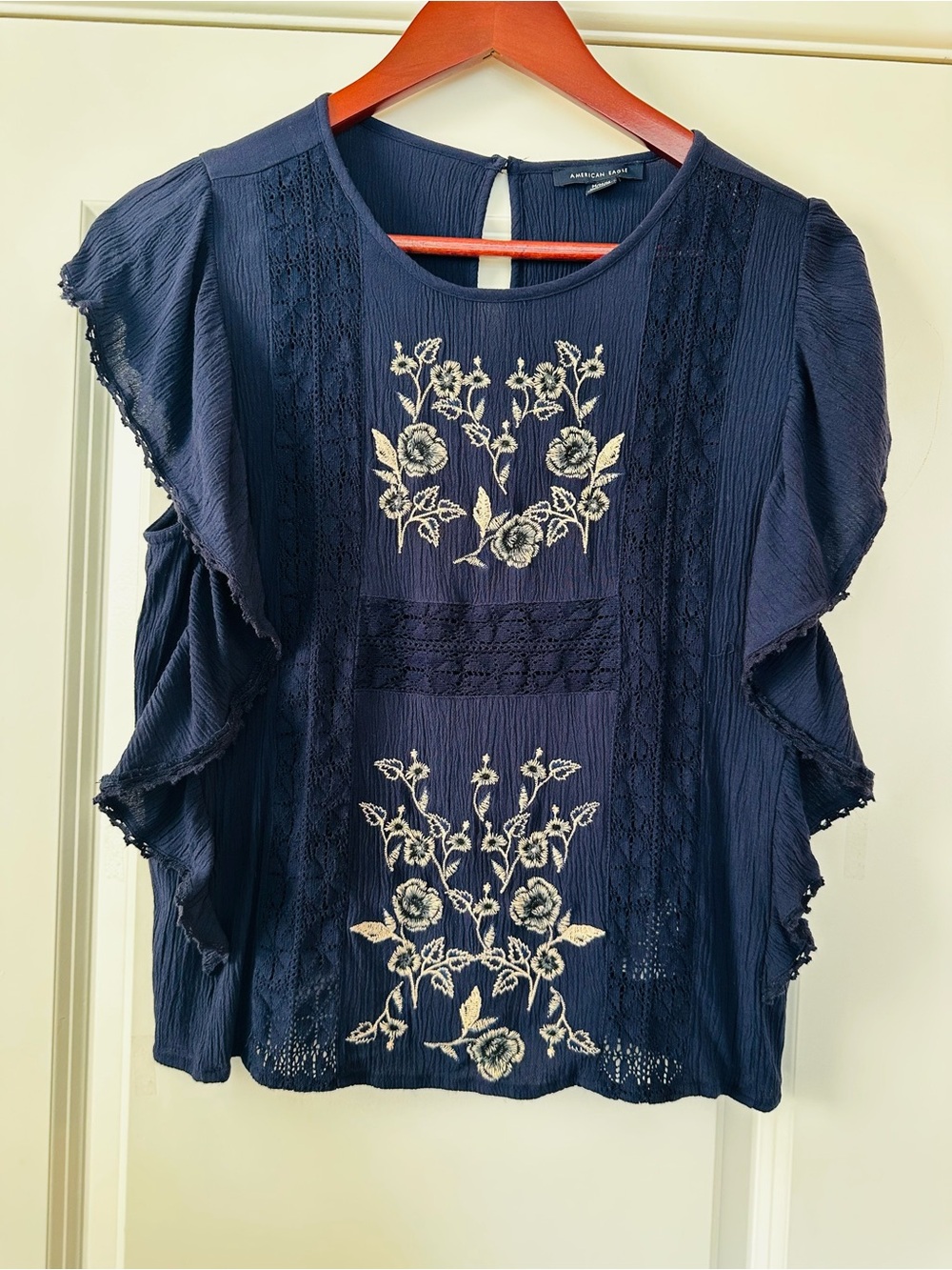 American Eagle Outfitters Navy Blue Embroidered Ruffle Sleeve Blouse Medium